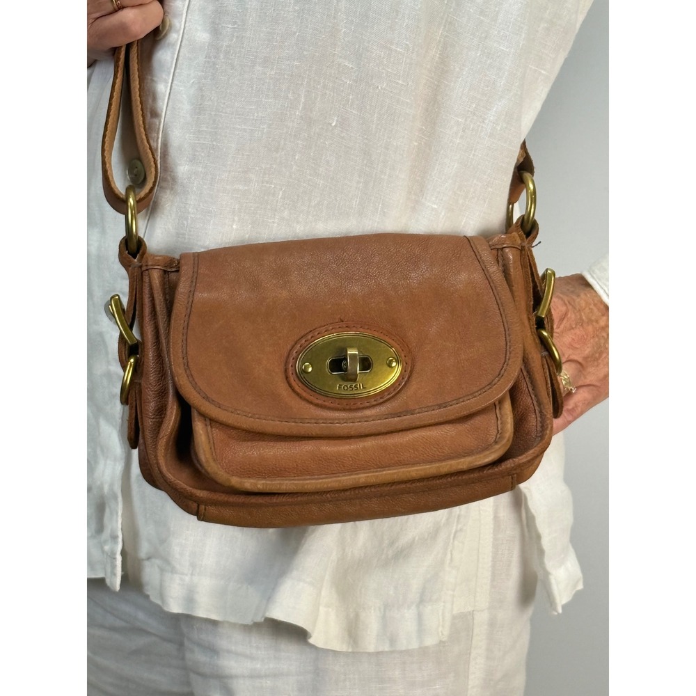 Fossil Brown Leather Long Live Vintage Crossbody Turnlock Messenger Small Bag - Picture 2 of 10